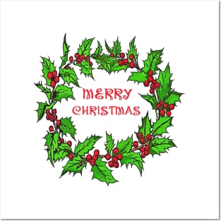 Merry Christmas Holly Wreath With Berries Posters and Art